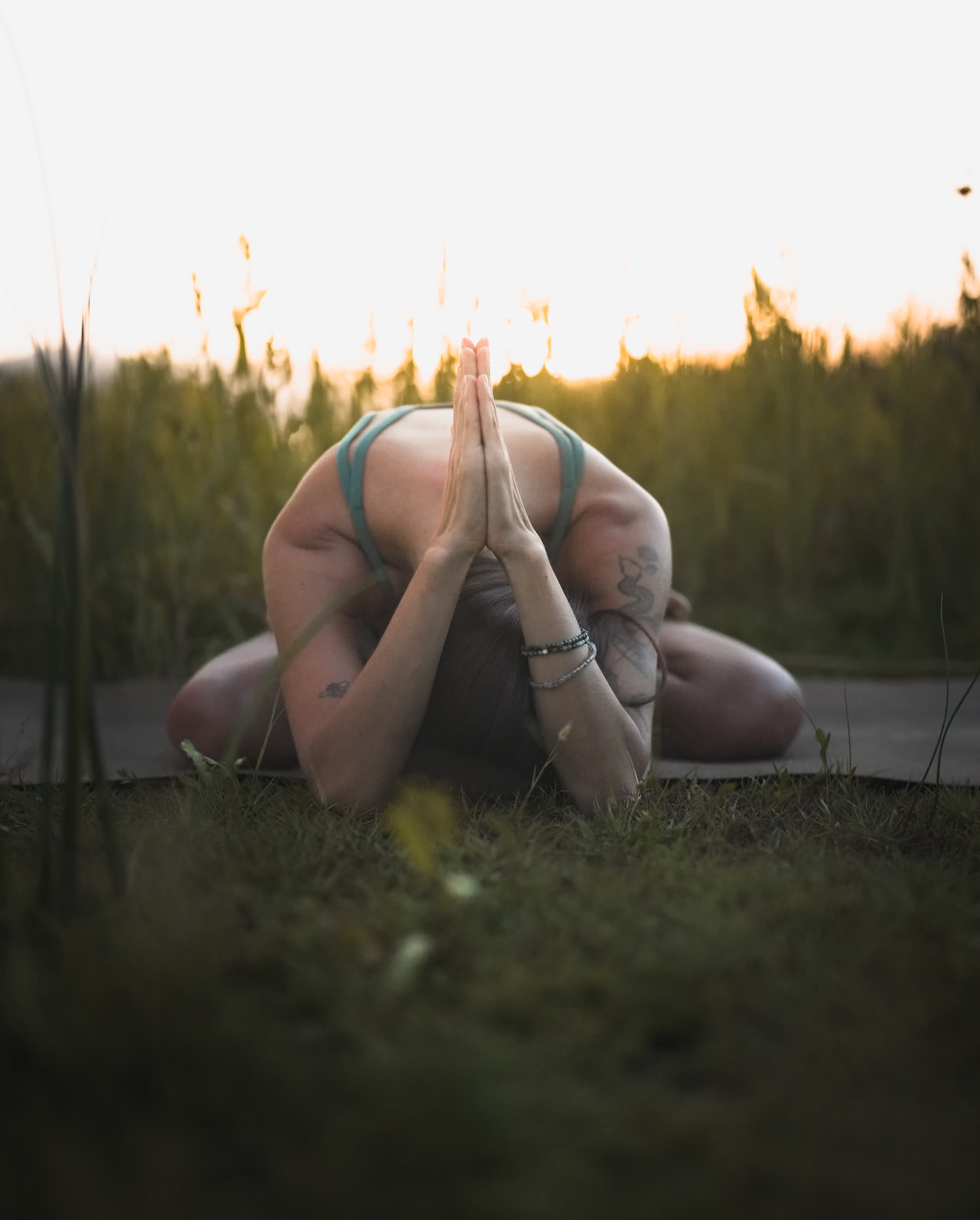 Yoga session, folded pose in the reeds